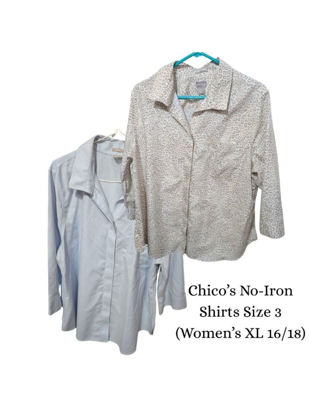 Chicos Womens No Iron Shirts XL 16/18 Leopard Print & Light Blue Size 3 Cotton